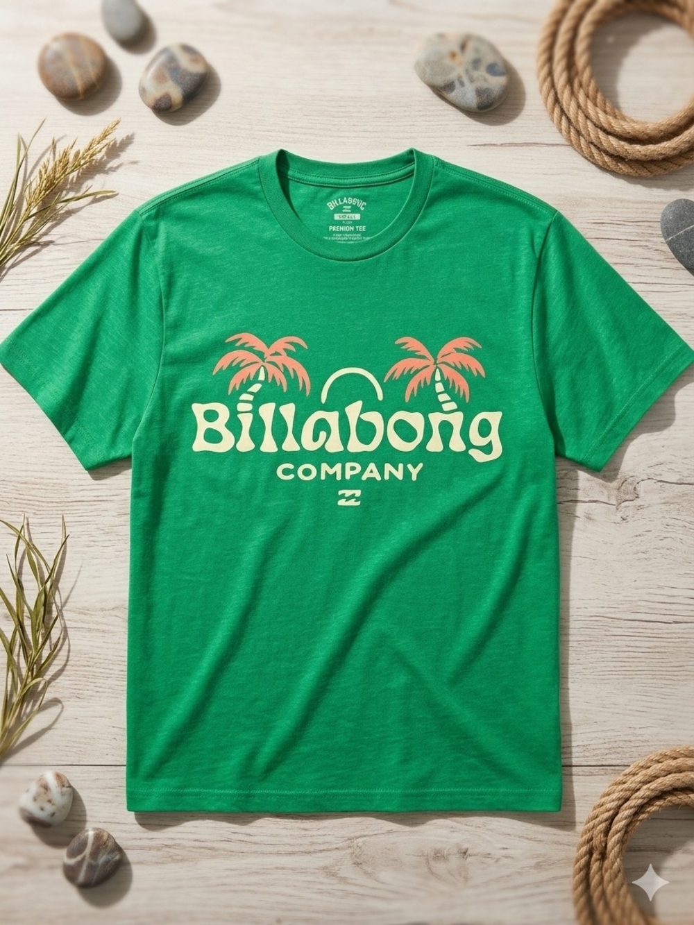 Billabong Green Tee with Cream Logo and Coral Palms
